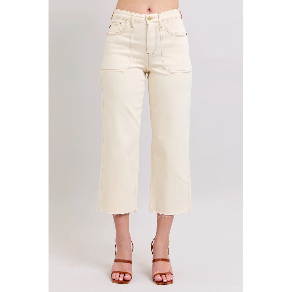 Judy Blue HW Garment Dyed Cream Of The Crop Wide Raw Hem Ecru Size 16W